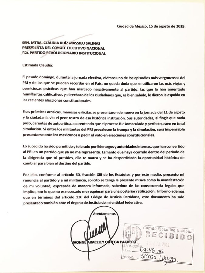 Carta de renuncia de Ivonne Ortega al PRI. (@IvonneOP)