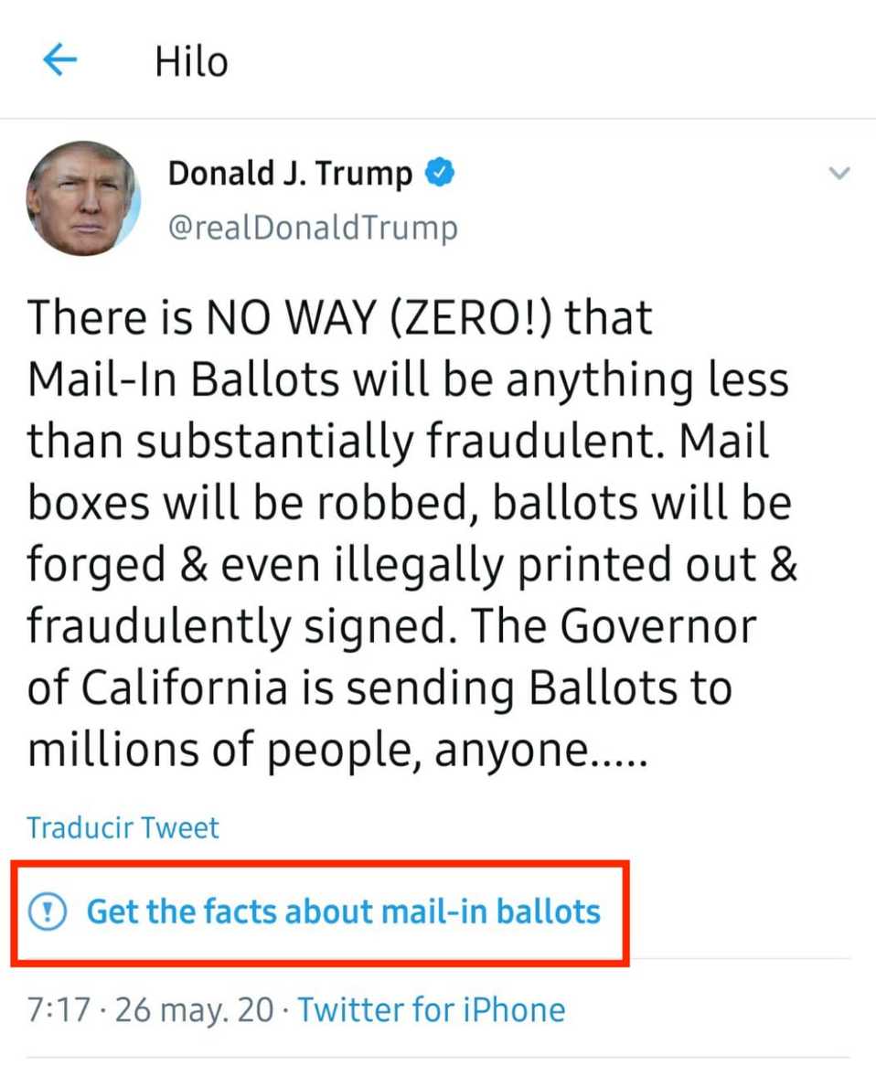 Twitter señala tuit de Trump por contener información engañosa. (Captura de pantalla)