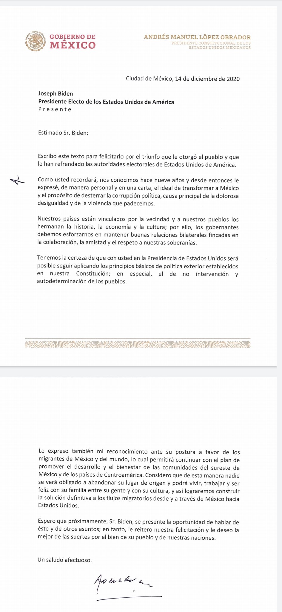 Carta de AMLO a Biden